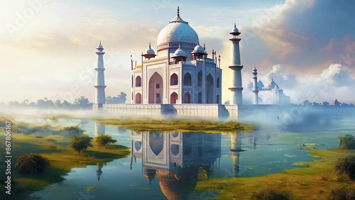 The Taj Mahal is a mausoleum-mosque located in Agra, India, on the banks of the Jamna River, built by order of the Padishah Jahan I photo