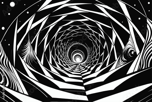Monochrome tunnel with spiral design, creating a mesmerizing visual effect.