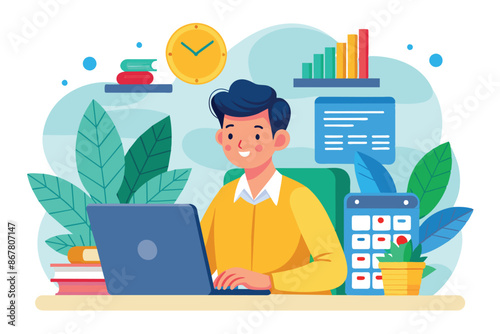 A man working at his desk with a laptop, surrounded by lush green plants, Ai generated