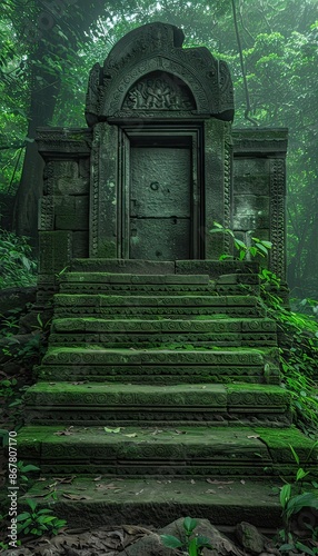 A set of stairs leading up to a wall of binary code in a dark forest at night