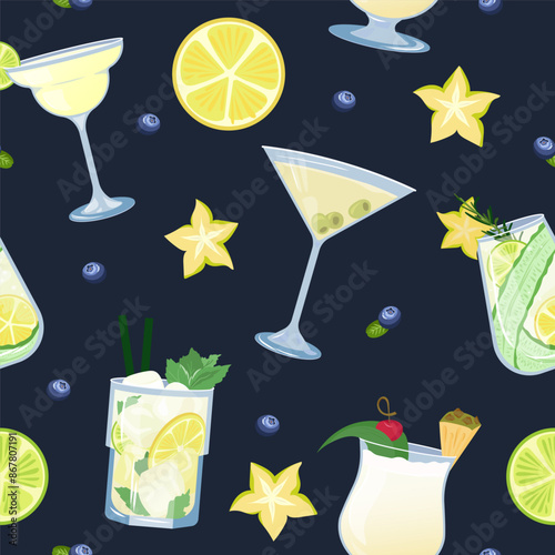 Vector seamless cocktails and slices of fruit pattern on dark background. Summer bright design with mojito, martini, champagne, pina colada can be used for wallpaper, website, wrapping paper, fabric