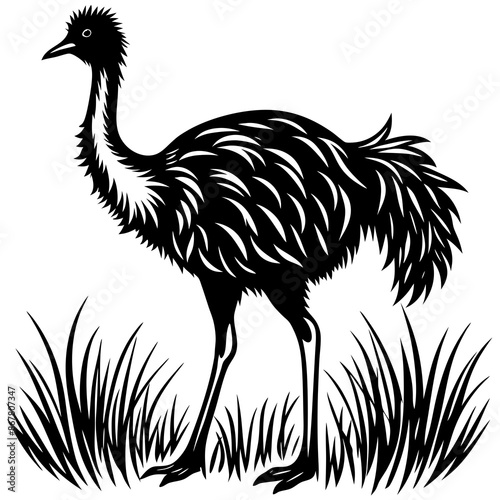 emu animal linocut silhouette black color vector