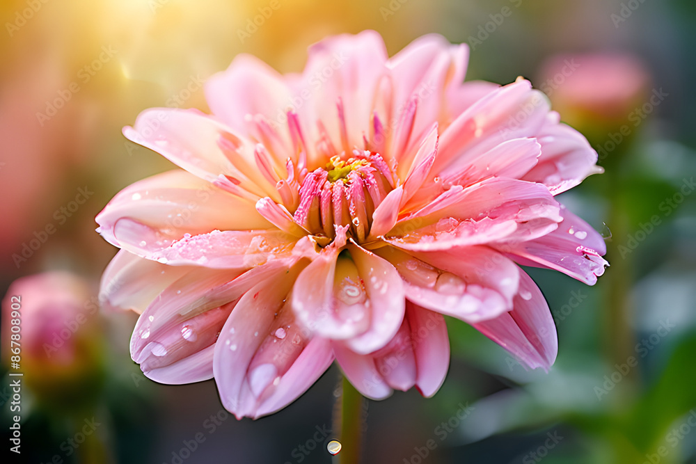 Fototapeta premium A captivating close-up unfolds, revealing the delicate beauty of a zinnia blossom. Soft focus blurs the background, highlighting the flower's soft, pastel pink petals that dominate the frame. 