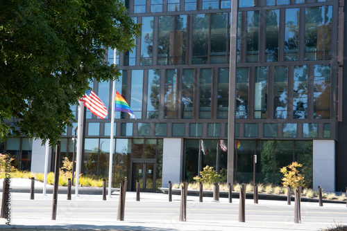 Half staff flags at city hall