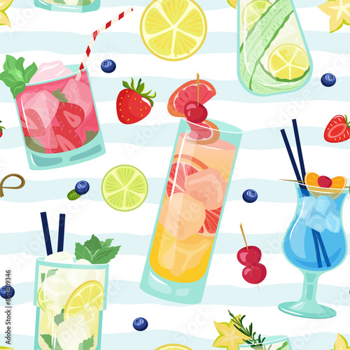 Vector seamless cocktails and slices of fruit pattern on striped background. Summer bright design with mojito, blue lagoon, spritz can be used for wallpaper, website background, wrapping paper, fabric