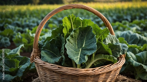 collard greens vegetable in a wooden basket with a bac puppy dog in outerspace photo