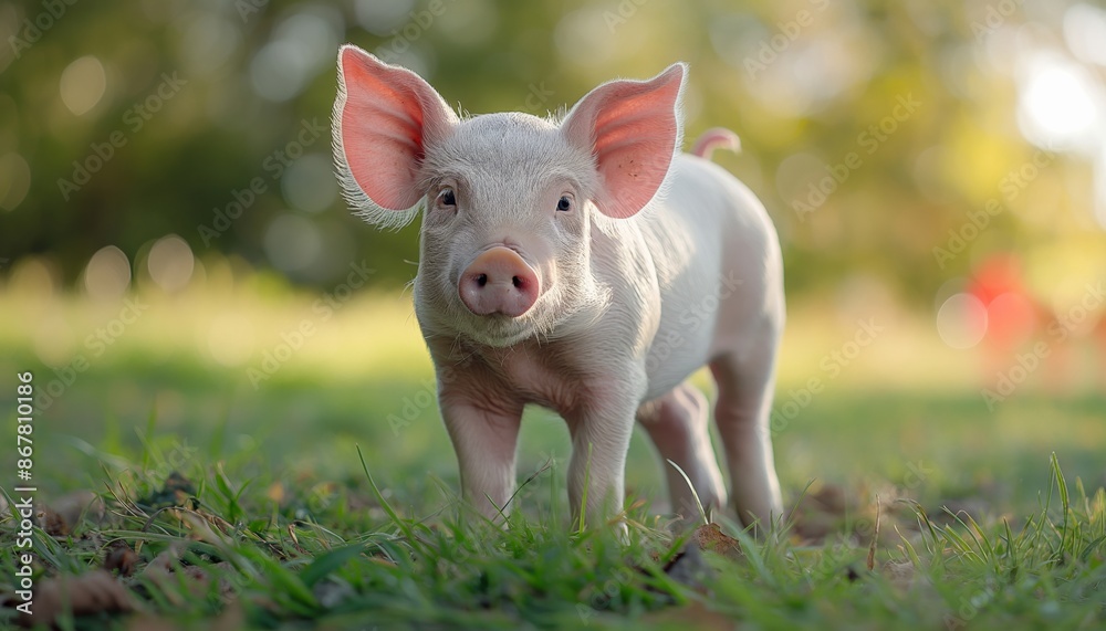 A charming piglet standing on green grass in an outdoor setting with bright daylight, displaying its large ears and curious expression amidst a serene and natural background. A charming piglet standing on green grass in an outdoor setting with bright daylight, displaying its large ears and curious expression amidst a serene and natural background.