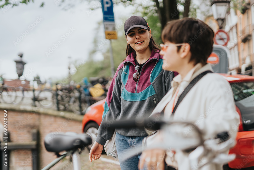 Obraz premium Friends hanging out and visiting the streets, enjoying a casual conversation while holding their bicycles.