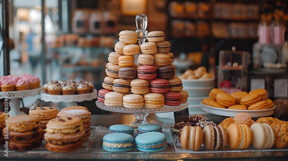 Obraz premium Colorful macaron tower in a patisserie