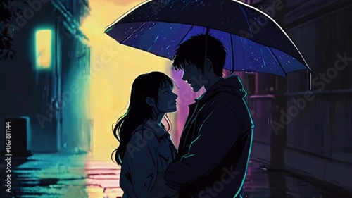 A Lo-fi couple embracing under an umbrella during a rainy night, with tears blending into the raindrops, anime chill hip hop music background. Cyan purple colours manga style 4k loop Animation Video