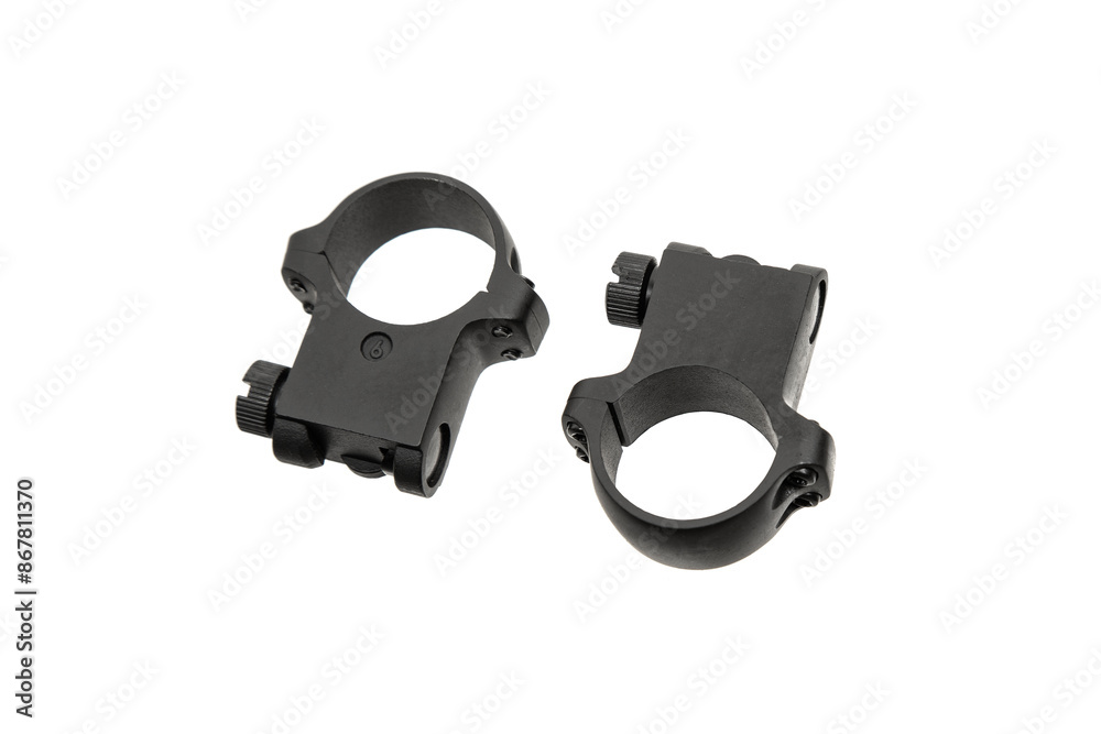 Obraz premium Quick disconnect mount made for holding a scope on a rifle isolated on white back. Quick Release Sniper Cantilever Scope Mount.