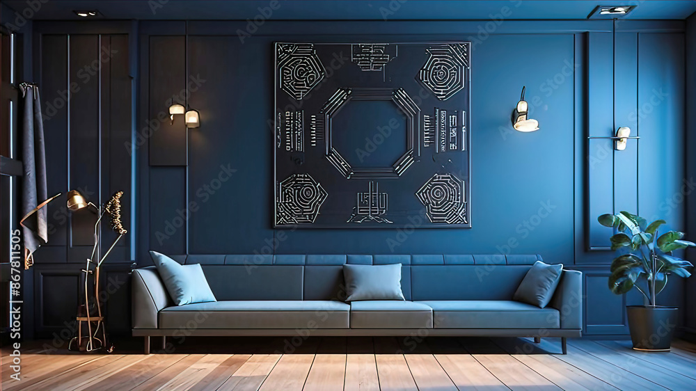 Modern home space of large room with frame on wall, clean minimalist interior, 3d rendering, Modern home space of large room with frame on wall, clean minimalist interior, 3d rendering,