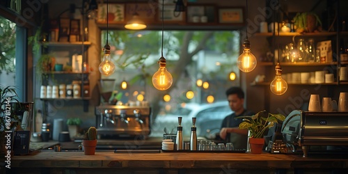 Stylish cafe bar area with vintage light bulbs illuminating the counter © Liza