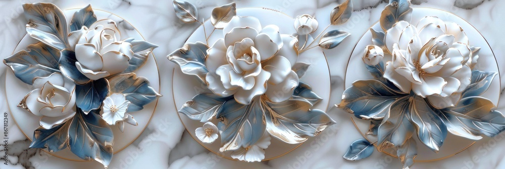 Decorative bas-relief with roses and blue leaves on the surface of white marble. Decorative bas-relief with roses and blue leaves on the surface of white marble.