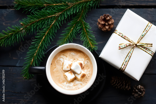 Cozy winter coffee mug with marshmallows beside festive gift box