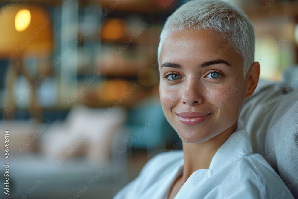 Radiant smile: cancer patient in white coat post-chemo Radiant smile: cancer patient in white coat post-chemo