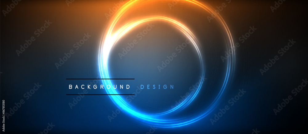 Neon glowing circle rays, light round lines in the dark, planet style neon wave lines. Energetic electric concept design for wallpaper, banner, background