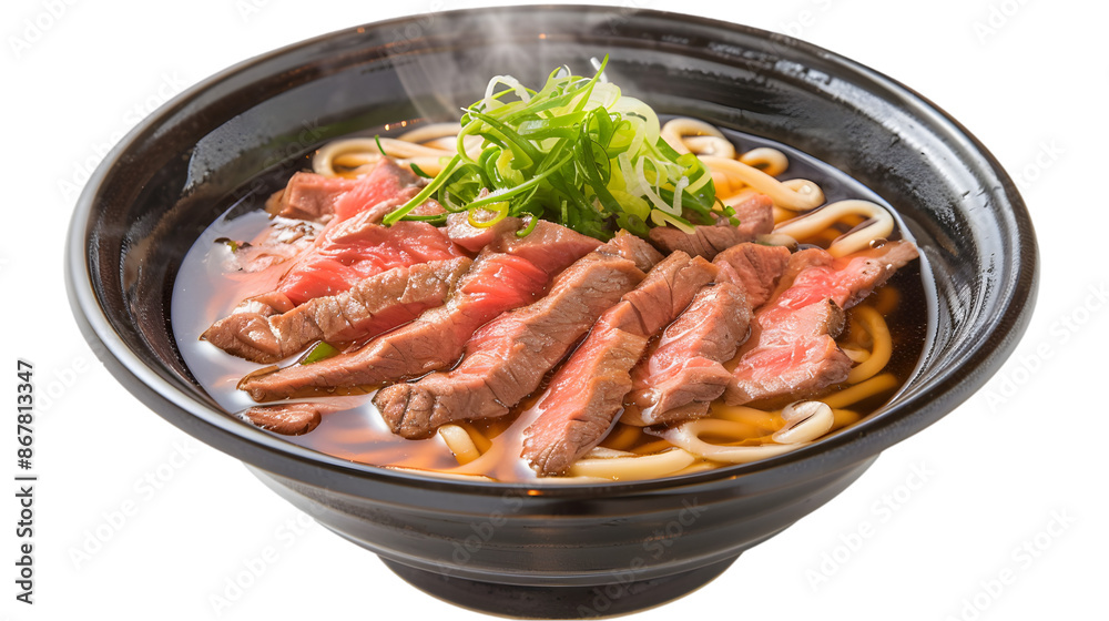 Niku udon presented with thin slices of tender beef, perfectly laid atop steaming noodles in a bowl, on a transparent background Niku udon presented with thin slices of tender beef, perfectly laid atop steaming noodles in a bowl, on a transparent background