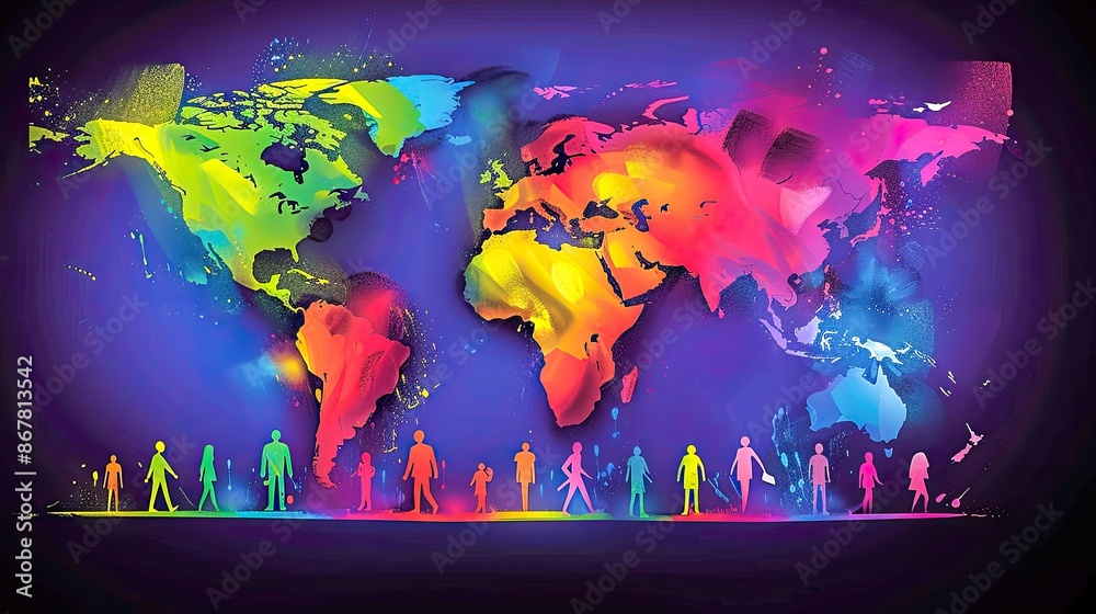 Obraz premium Vibrant world map with colorful humanoid silhouettes representing global unity and diversity, ideal for multicultural or international themes.