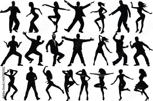 illustration dancing female man woman adult vector arms raised in silhouette clip art cut out horizontal male motion people computer graphic front view activity casual clothing