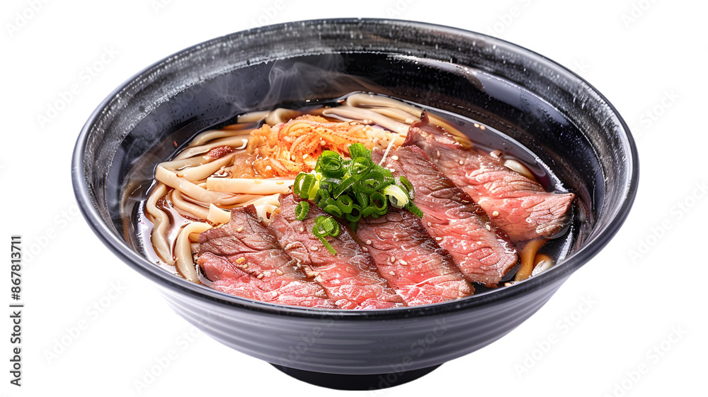 Niku udon presented with thin slices of tender beef, perfectly laid atop steaming noodles in a bowl, on a transparent background Niku udon presented with thin slices of tender beef, perfectly laid atop steaming noodles in a bowl, on a transparent background