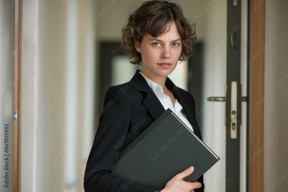 Office Worker. Young Businesswoman Holding Large File in Office Setting Office Worker. Young Businesswoman Holding Large File in Office Setting