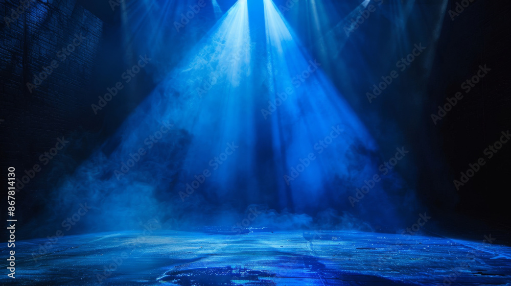 A spotlight of bright blue color lit up a dark stage, it made a beautiful contrast between light and dark. A spotlight of bright blue color lit up a dark stage, it made a beautiful contrast between light and dark.