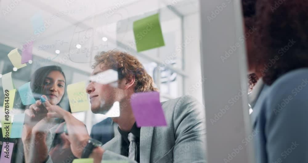Glass, training and writing with business people in office for brainstorming a strategy together. Collaboration, teaching or workshop with man and woman employee team in workplace for problem solving