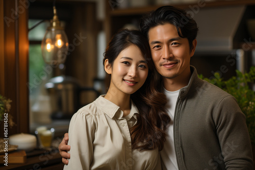 Un couple souriant, mélangeant amour et affaires, partage un moment complice, unissant force et soutien dans leur vie conjugale et professionnelle.