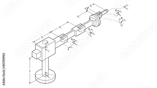 A line drawing showing link frame and coordinates for a robotic arm