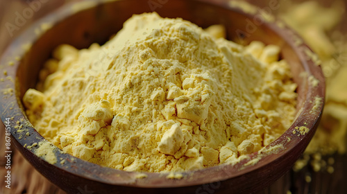 Besan also known as gram flour or chickpea flour is a finely ground powder derived from Bengal gram photo