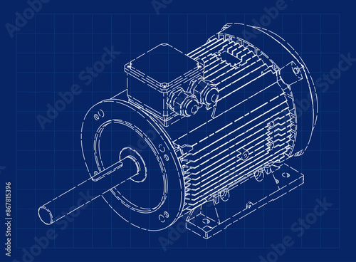 Electrical motor. Stylized vector illustration of a electric motor drawing. Isometric view. Vector illustration.