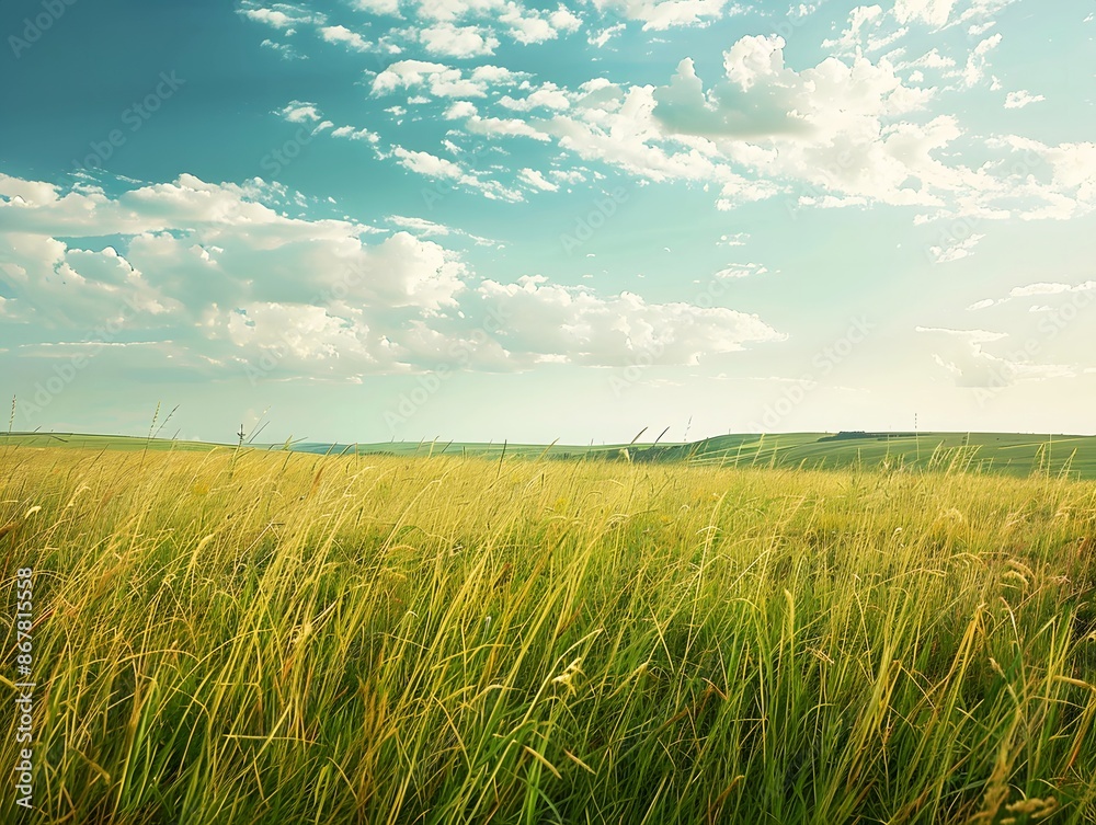 Fototapeta premium Green meadow landscape with blue sky.