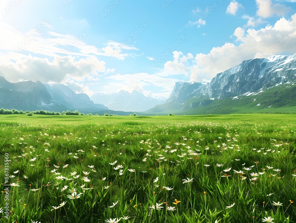 Fototapeta premium Green meadow landscape with blue sky.