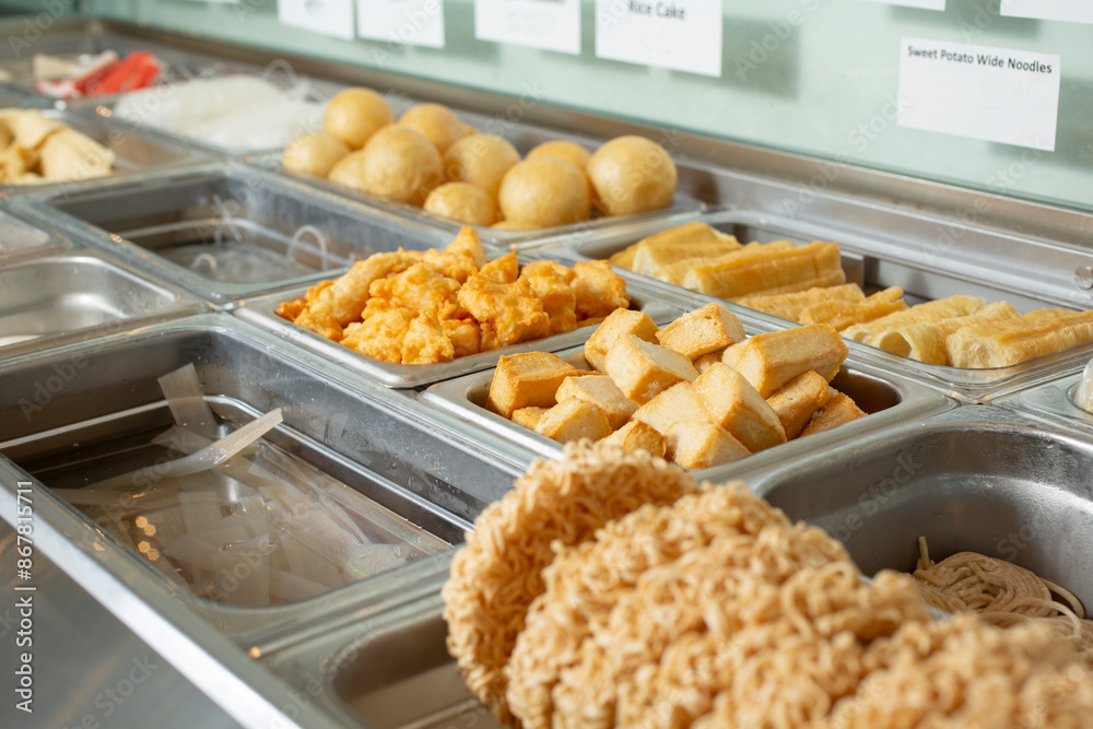 A view of a steamer table full of assorted ingredients. A view of a steamer table full of assorted ingredients.