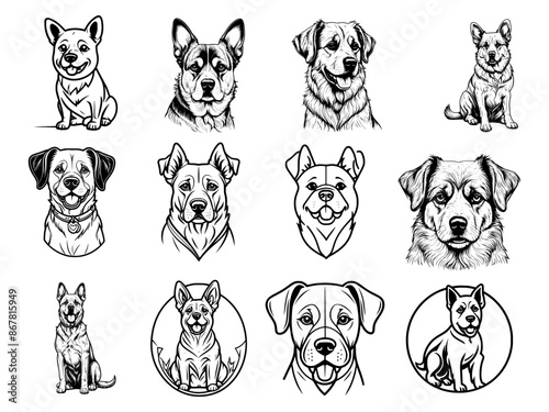 Detailed Black and White Line Art Illustration of a Dog's Face. Intricate and Realistic Canine Portrait Capturing the Essence of Animal Features with Hand-Drawn Precision for Artistic and Monochrome P
