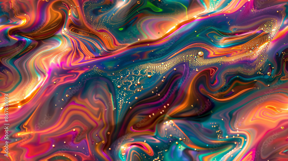 Fototapeta premium Abstract background forming colorful wavy swirls and golden bubbles, ideal for illustrating luxury, celebration or fashion