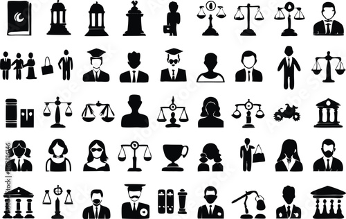 icon set illustration vector law people job  business symbol icon symbol legal system square - composition authority courthouse crime criminal gavel handshake lawyer adult vector set