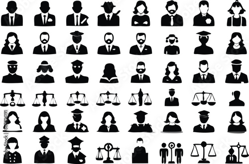 icon set illustration vector law people job  business symbol icon symbol legal system square - composition authority courthouse crime criminal gavel handshake lawyer adult vector set