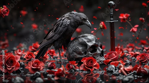 Fototapeta Naklejka Na Ścianę i Meble -  In a dark and eerie setting, a raven sits on a skull surrounded by red roses and a gleaming steel sword.