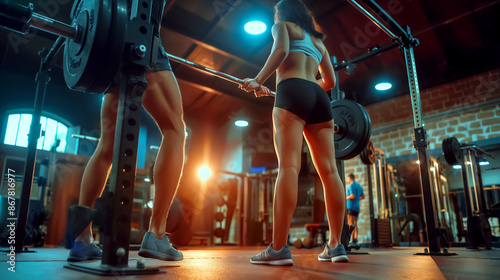 Happy athletic couple exercising with barbel in gym