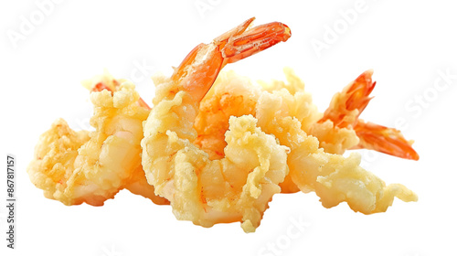  Perfectly fried shrimp tempura and veggie tempura in crisp ultra-HD quality, textures highlighted with bright lighting,on a transparent background