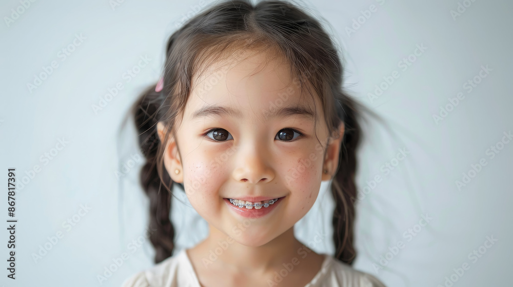 small smiling asian child with metal braces on teeth, orthodontist, dentist, oral cavity, mouth, kid, baby, portrait, face, tooth, health, straight, bite, treatment, white background, korean girl