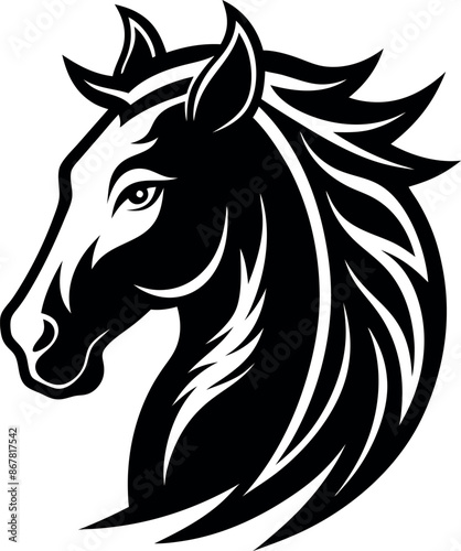 A horse head with a black mane and a white stripe