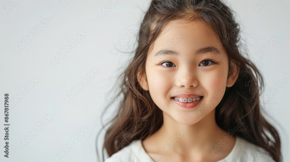 small smiling asian child with metal braces on teeth, orthodontist, dentist, oral cavity, mouth, kid, baby, portrait, face, tooth, health, straight, bite, treatment, white background, korean girl small smiling asian child with metal braces on teeth, orthodontist, dentist, oral cavity, mouth, kid, baby, portrait, face, tooth, health, straight, bite, treatment, white background, korean girl