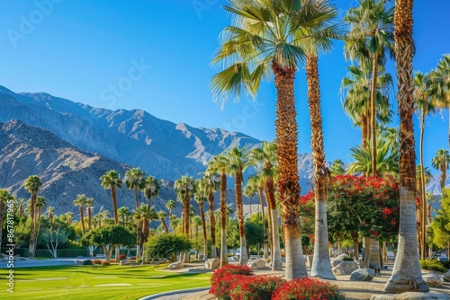 Palm Trees in Palm Springs, California. Beautiful and Colorful Desert Landscape photo