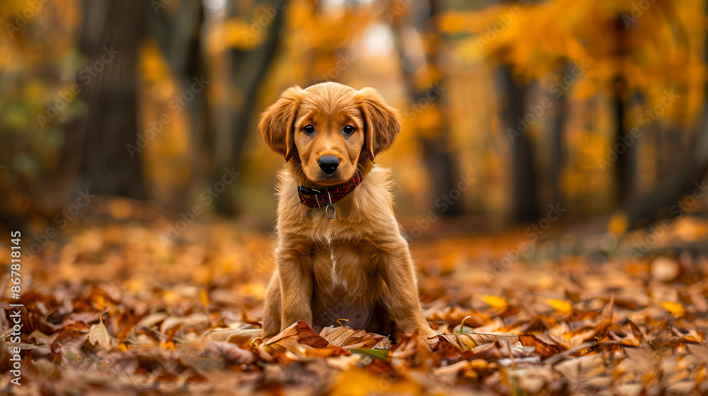 Autumn dog, cute puppy sitting in the leaves. A small, cute dog sitting on autumn leaves Autumn dog, cute puppy sitting in the leaves. A small, cute dog sitting on autumn leaves