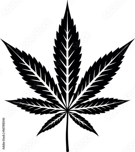A black and white drawing of a marijuana leaf