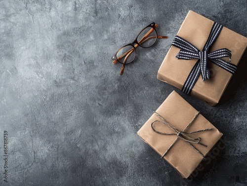 A pair of stylishly wrapped gift boxes with ribbons sit alongside eyeglasses on a textured dark surface, creating an elegant scene. photo