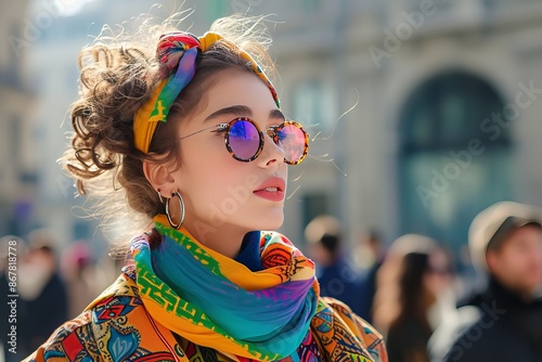 Individual adorned in colorful patterned clothing stands out in a busy urban environment, showcasing street style and unique fashion sense amidst the city's lively backdrop. photo